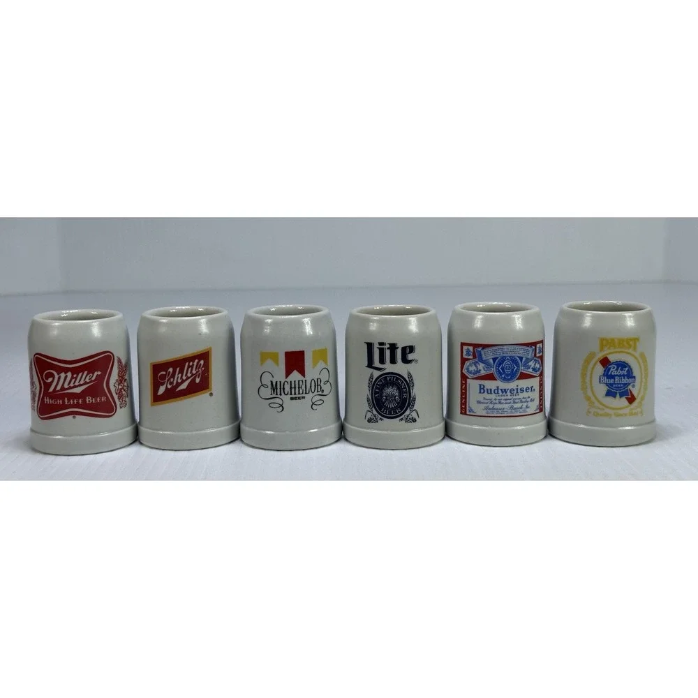 6 Vintage 1980's Mini Beer Steins Stoneware Ceramarte Brazil Barware Budweiser